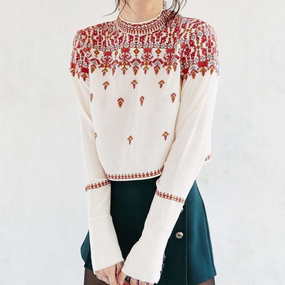 UO Ecote embroidered open back mock neck blouse